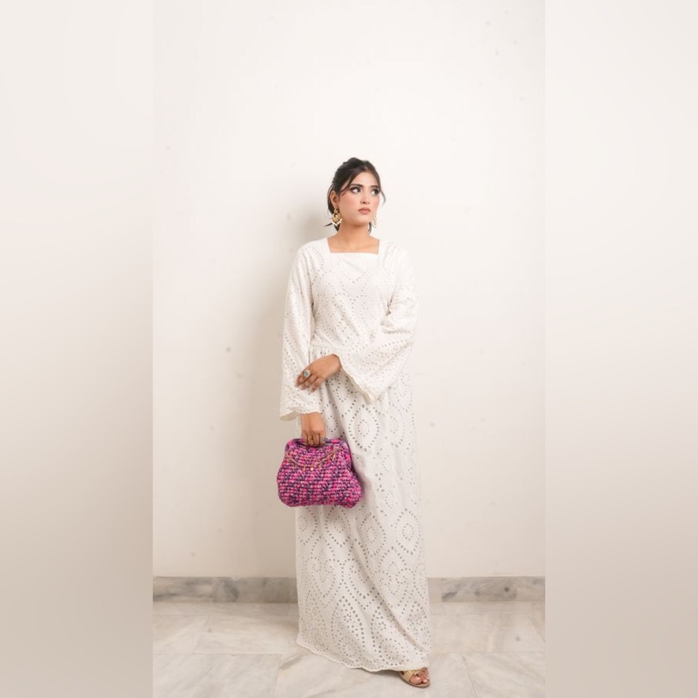 Chic White Eyelet Maxi Dress with Pink Handbag